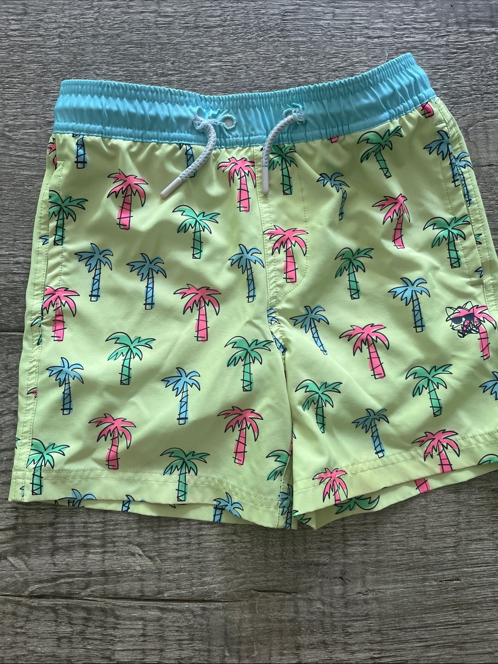 Kids Neon Palm Swim Trunks - Lime with Aqua Waistband